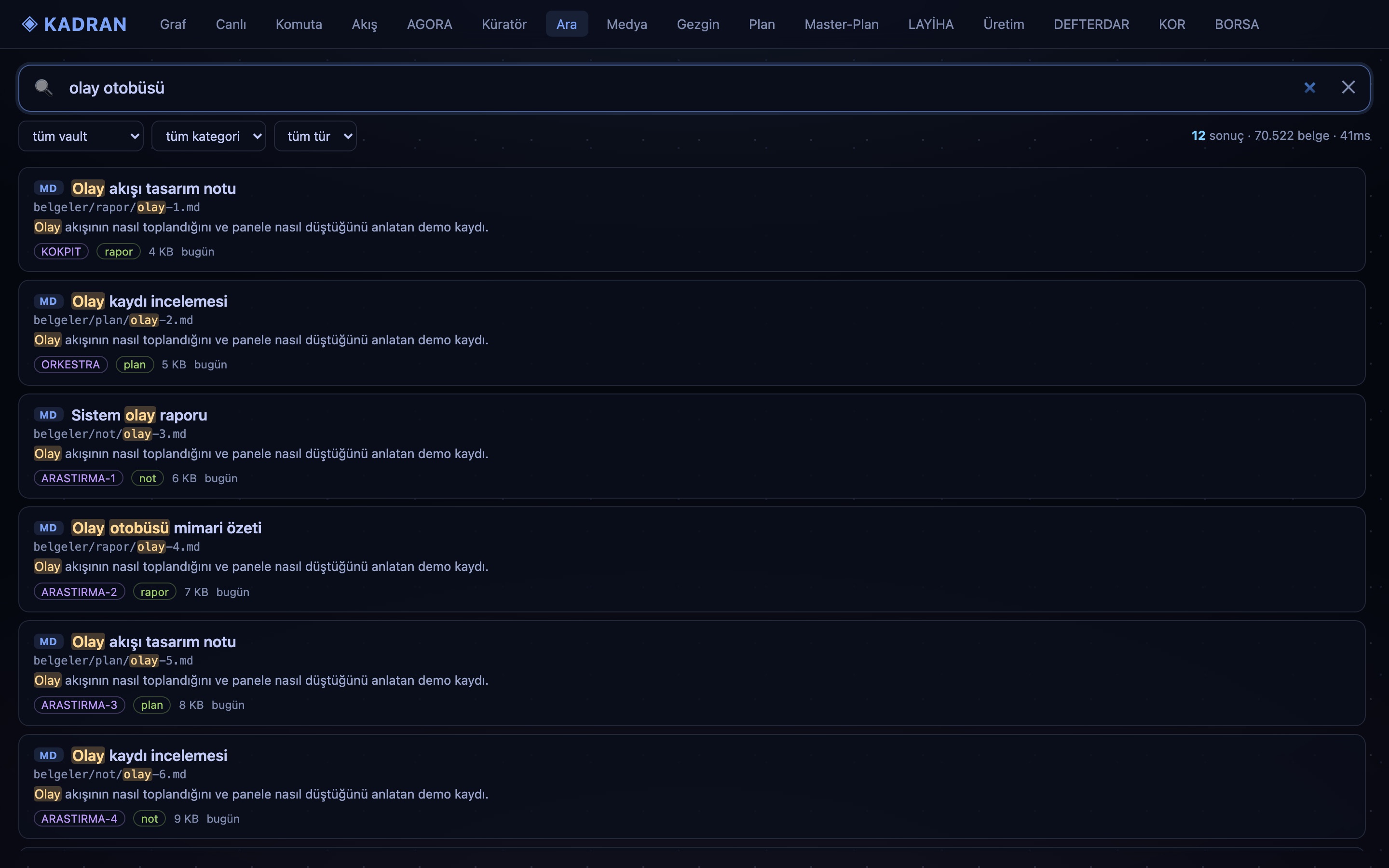 ARA — anlamsal arama sonuçları · semantic search results